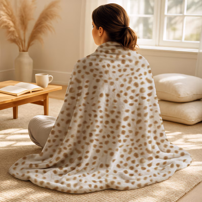 woman wrapped in Sherpa Blanket with Deer Hide Print